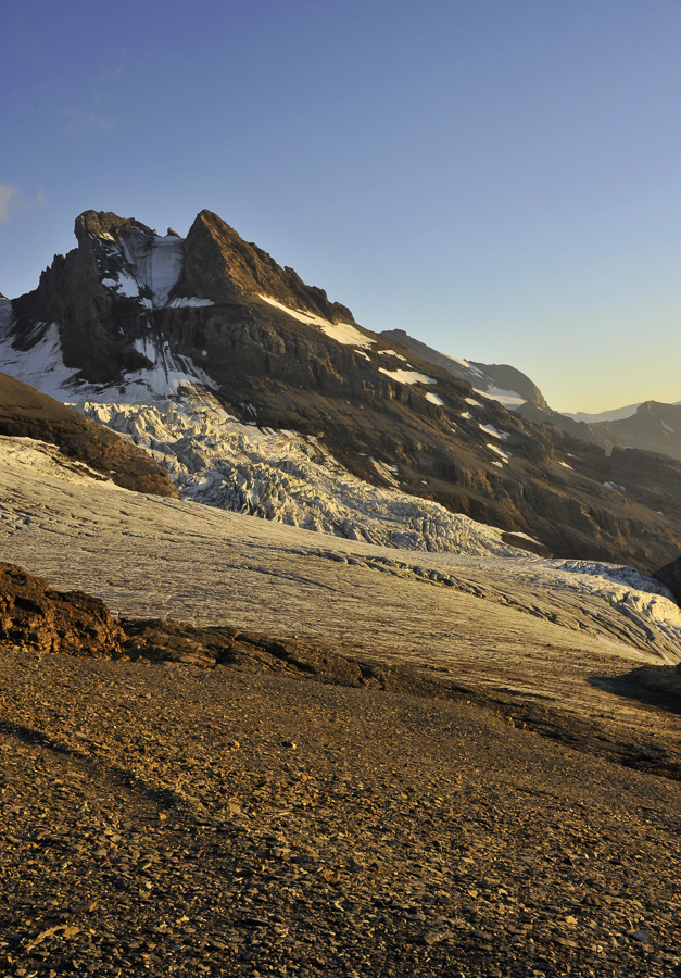 Ice, snow and detritus in dominate the scenery 